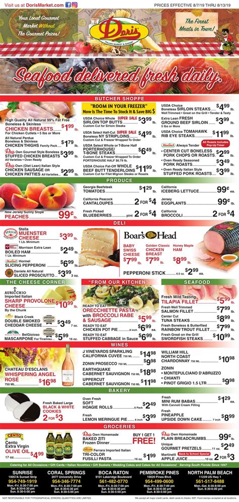 Doris market - Specialties: Doris Italian Market & Bakery has proudly served generations of families in South Florida since 1947. We feature top quality fresh meats, authentic Italian-American deli and bakery, farm-fresh fruits and vegetables, seafood with daily fresh offerings, a complete catering service, wines from around the world, and gourmet specialty groceries used for …